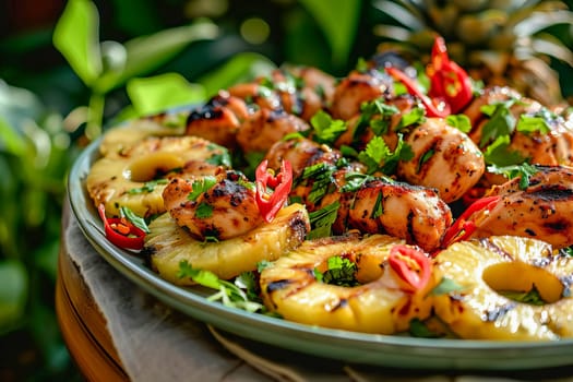 Grilled chicken and pineapple rings on a platter with chopped chilies and fresh herbs. Tropical food, vacation mood.