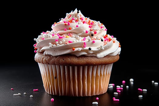 A delicious cupcake topped with creamy frosting and colorful sprinkles.