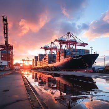 An aerial view captures a large container cargo ship laden with cargo as it sails across the vast expanse of the open ocean.