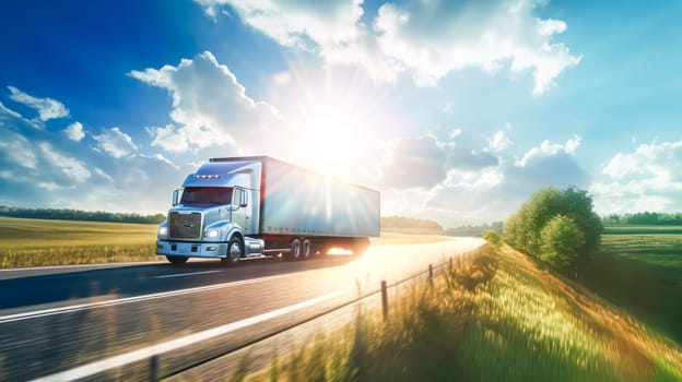 A white truck drives along a highway winding through a forested landscape adorned with autumn colors, creating a picturesque scene at sunset.