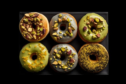 Six assorted gourmet donuts presented in a box on a black background