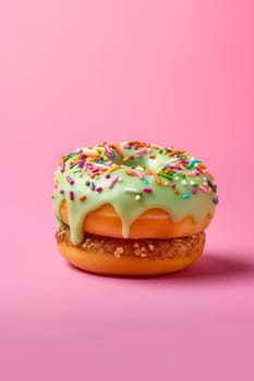 Green frosted donut with rainbow sprinkles on pink background.