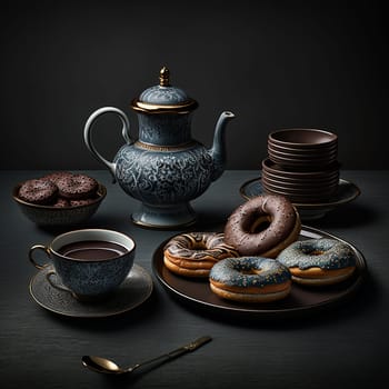 Elegant tea set with pastries on a dark table.