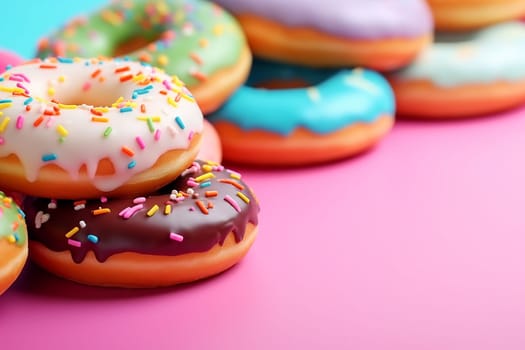 Colorful donuts with sprinkles on a pink background