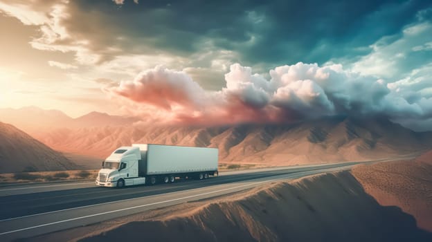 A white truck drives along a highway winding through a forested landscape adorned with autumn colors, creating a picturesque scene at sunset.