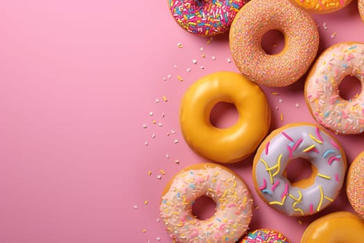 Assorted frosted donuts with sprinkles on a pink background.