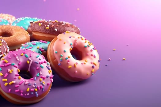 Assorted frosted donuts with colorful sprinkles against a purple background.