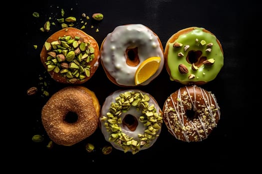 Assorted donuts with various toppings and icings displayed on dark background