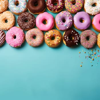 Assorted colorful doughnuts with different toppings and sprinkles on a teal background.