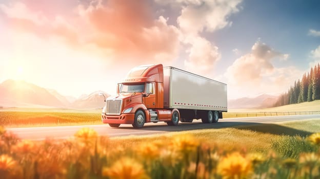 A white truck drives along a highway winding through a forested landscape adorned with autumn colors, creating a picturesque scene at sunset.