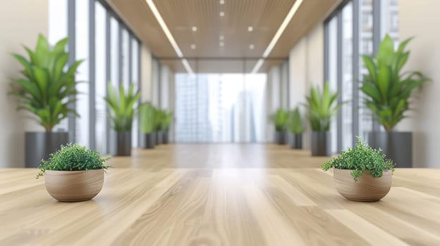 A beautiful modern spacious office hall with panoramic windows and a perspective in pleasant natural beige and brown tones.