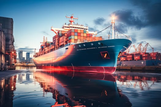 An aerial view captures a large container cargo ship laden with cargo as it sails across the vast expanse of the open ocean.