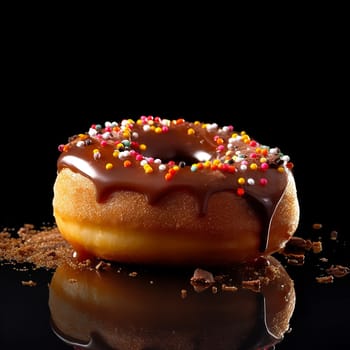 Chocolate donut with sprinkles on a reflective surface.