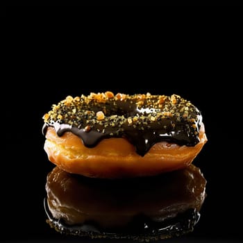 Chocolate donut with sprinkles on a reflective surface.