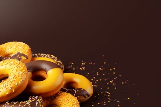 Assorted frosted donuts with sprinkles on a yellow background.