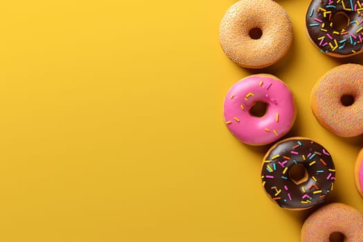 Assorted frosted donuts with sprinkles on a yellow background.
