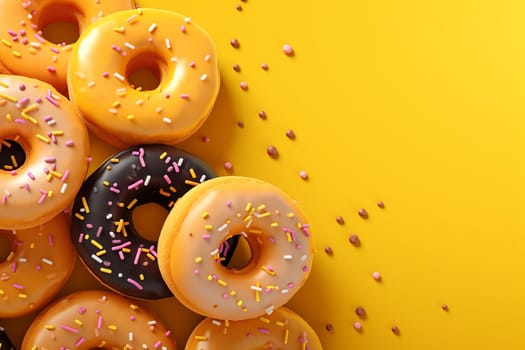 Colorful donuts with sprinkles on a yellow background