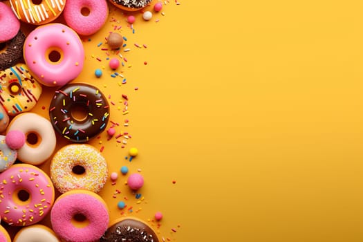 Assorted frosted donuts with sprinkles on a yellow background.