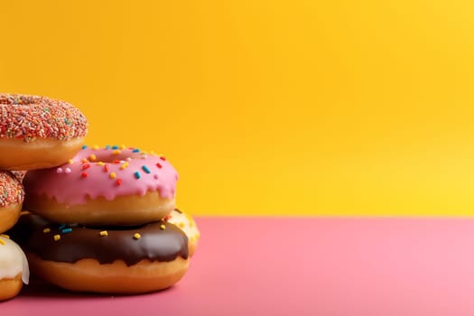 Colorful donuts with sprinkles on a pink background