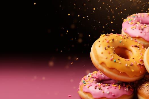Assorted frosted donuts with colorful sprinkles against a purple background.