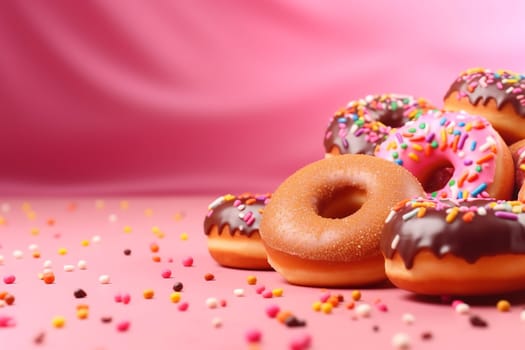 Colorful donuts with sprinkles on a pink background