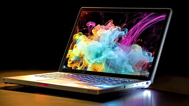 A laptop sits atop a table, its screen displaying a bright and abstract screensaver, adding a modern touch to any workspace.