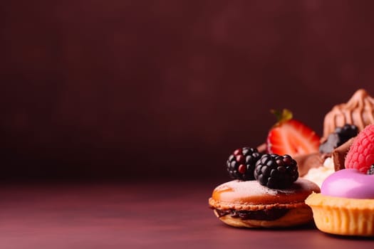 A pastry with berries, on red background