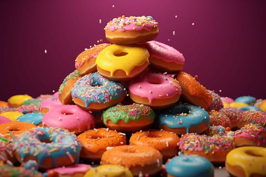Green frosted donut with rainbow sprinkles on pink background.