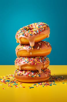 Green frosted donut with rainbow sprinkles on blue background.