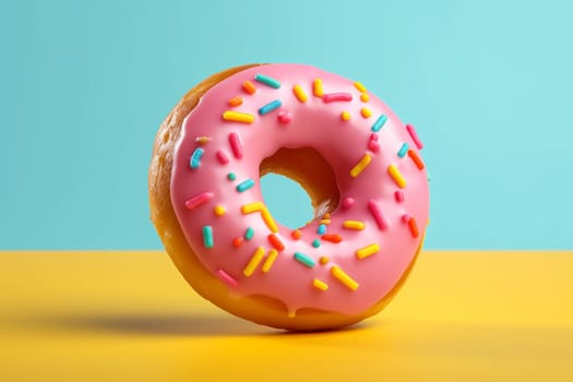 Pink donut with sprinkles on blue and yellow background