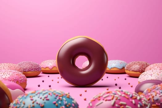 Assorted colorful doughnuts with different toppings and sprinkles on a teal background.