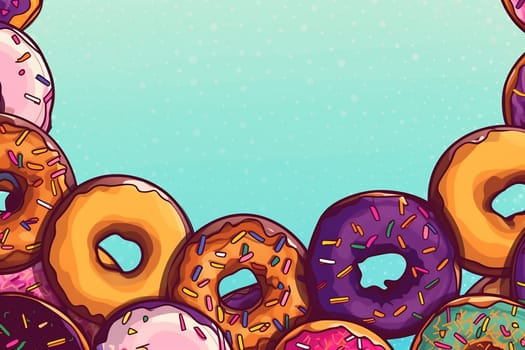 An illustration of an assorted colorful donuts with different toppings and sprinkles on a teal background.