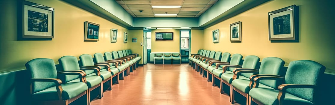 Aesthetic and clean modern clinic or vet waiting room with an empty poster, offering a welcoming atmosphere for patients and their owners.