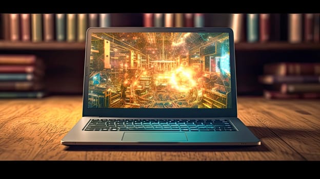 A laptop sits atop a table, its screen displaying a bright and abstract screensaver, adding a modern touch to any workspace.