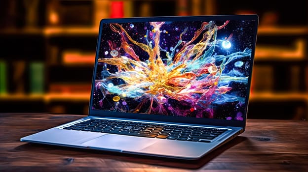 A laptop sits atop a table, its screen displaying a bright and abstract screensaver, adding a modern touch to any workspace.