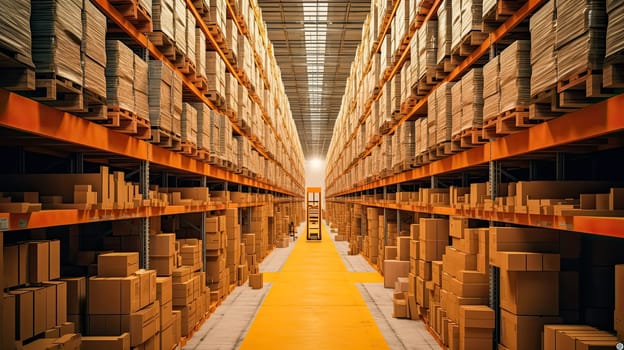 A warehouse hall bustling with activity, filled with neatly stacked boxes and orders ready for distribution. Industrial interior with efficient lighting.