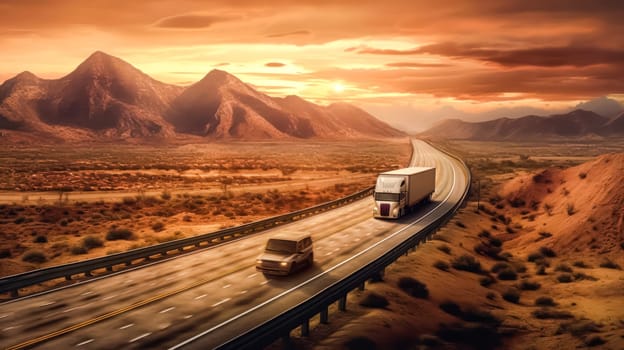 A white truck drives along a highway winding through a forested landscape adorned with autumn colors, creating a picturesque scene at sunset.