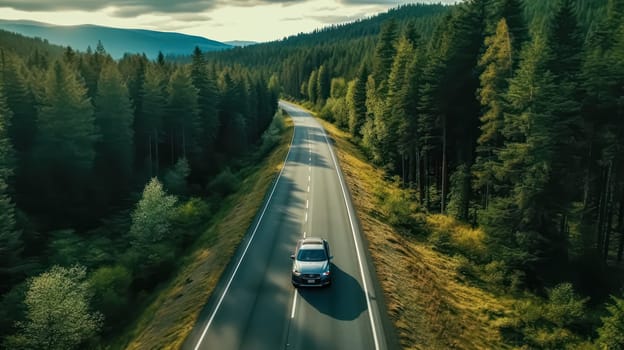 A drone captures a car driving along a highway nestled within a forest, showcasing the tranquility of a scenic drive through nature.