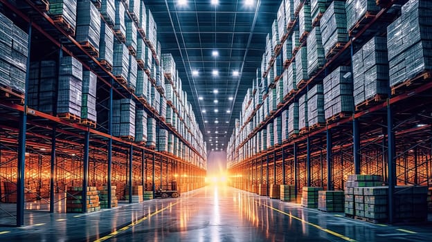A warehouse hall bustling with activity, filled with neatly stacked boxes and orders ready for distribution. Industrial interior with efficient lighting.