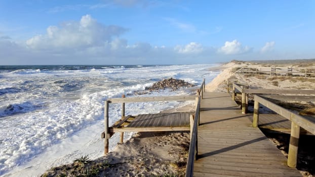 Ovar, Portugal - February 10, 2024: Storm Karlota worsens the fragile dune protection north of Furadouro beach.