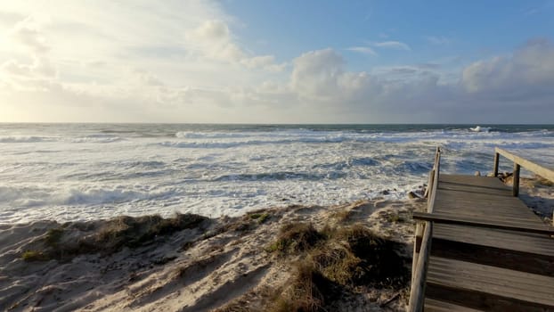 Ovar, Portugal - February 10, 2024: Storm Karlota worsens the fragile dune protection north of Furadouro beach.