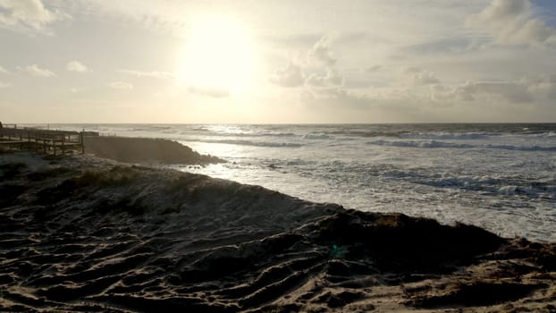 Ovar, Portugal - February 10, 2024: Storm Karlota worsens the fragile dune protection north of Furadouro beach.