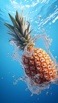 Fresh fruit pineapple falls under light-blue water, with splashes and air bubbles.
