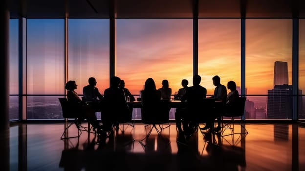 Silhouettes of group of business people against sunset comeliness