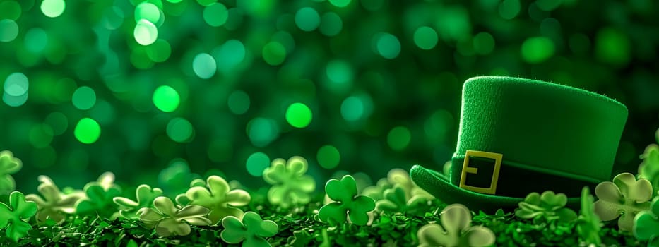 A terrestrial plant, the green leprechaun hat rests amidst a cluster of green shamrocks, creating a picturesque natural landscape.