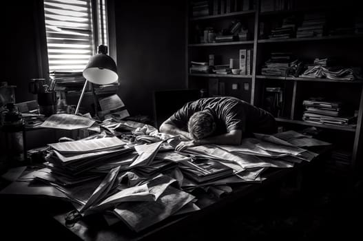 A person buried in paperwork, asleep at a cluttered desk - - burnout concept - Generative AI