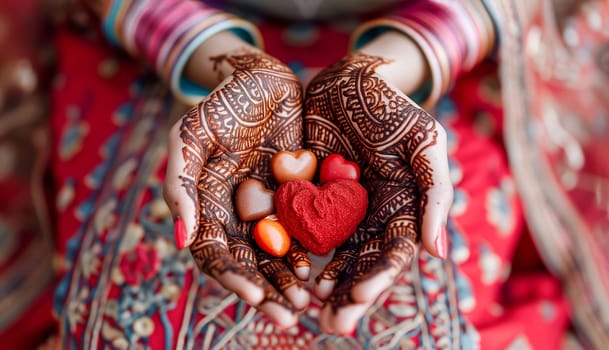 Hands of Indian Asian Woman Holding Red Yellow Chocolate Sweets, Dessert in Shape of Heart. St. Valentine's Day or Wedding. Female Hand with Mehndi Tattoo. Love, February, 14 AI Generated Horizontal