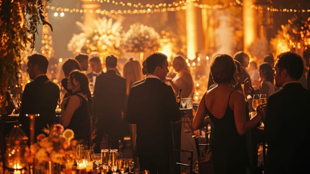 An elegant evening event, people in formal attire, beautifully decorated venue, capturing the essence of a sophisticated gathering. Resplendent.