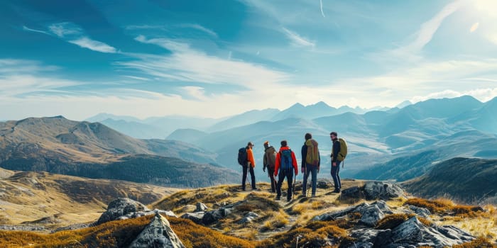 A group of friends on a hiking adventure, panoramic mountain views, capturing the spirit of friendship and exploration. Resplendent.