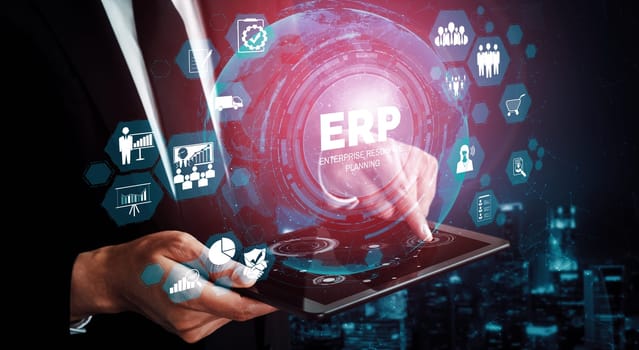 Enterprise Resource Management ERP software system for business resources plan presented in modern graphic interface showing future technology to manage company enterprise resource. uds